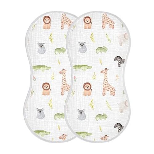 WELLDAY Muslin Baby Burp Cloths Set of 2, Soft Absorbent Safari Animals Muslin Washcloths, Bibs, Face Towel for Newborn Boys Girls, 22 x 11 Inch
