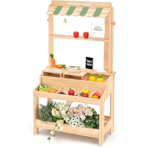 PairPear Wooden Mud Kitchen & Market Stand, 2-in-1 Indoor & Outdoor Playset with Real Soil Gardening, Montessori Solid Wood Design Pretend Play Toy with Cash Register & Play Food, Ages 3+