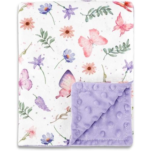 Pea Pod Baby Girls Blanket Soft Butterfly Minky Blanket for Newborn, 30'' x 40'' Double Layer Design, Dotted Backing Warm Baby Quilt Crib Blanket for Nursery/Stroller/Toddler Bed/Baby Car Seat