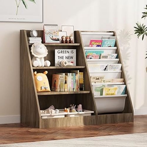 4 Tier Kids Bookshelf Wooden, Five Layer Sling Children Bookcase, Baby Toddler Storage Book Rack, Book and Toy Organizer Cabinet Chest, Book Display Shelf Stand, Playroom Nursery Classroom Library