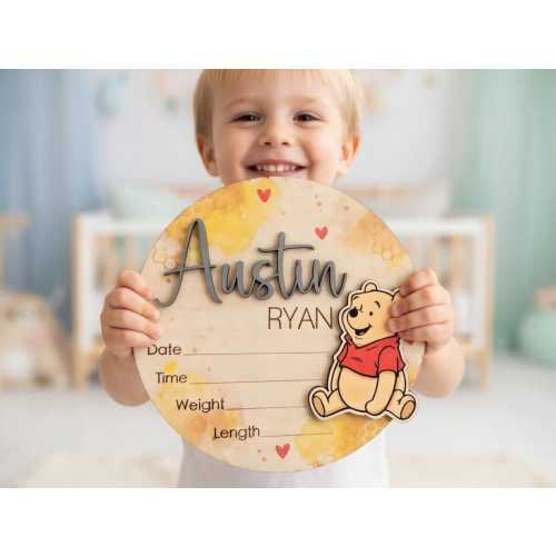 Personalized Pooh Bear Wooden Baby Birth Stats Sign, Custom Name Disney Winnie the Pooh Door Hanger, Nursery Decor Newborn Announcement Gift