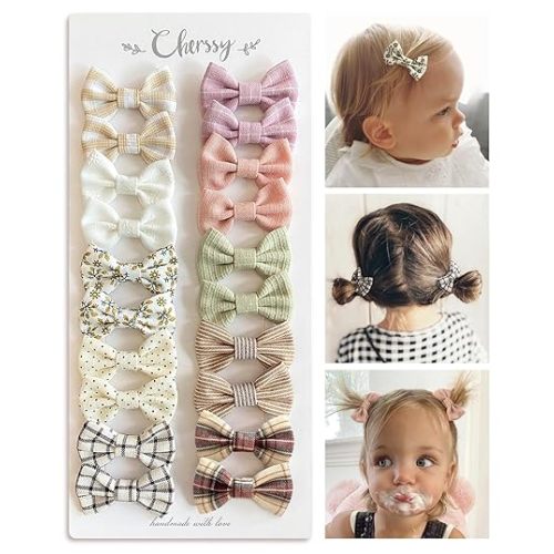 Baby Girls Hair Bow Clips, 20pcs Boutique Cotton Fully Lined Hair Pins, Non Slip Baby Barrettes Accessories for Infants Toddlers Fine Hair by Cherssy