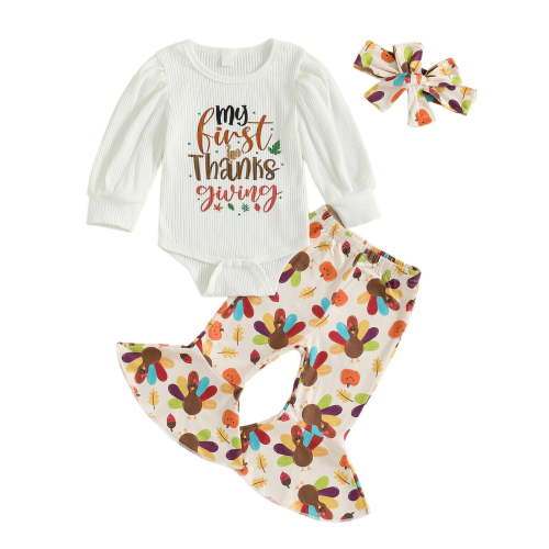 Jamsmile Newborn Girls Outfits Sets Thanksgiving Letter Print Ribbed Long Sleeve Romper + Bottoms With Headband For Baby Girls