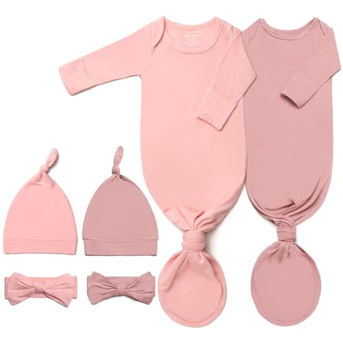 Newborn Baby Knotted Gown, Ultra-Soft Infant Sleeper Coming Home Outfit with Hat, Bowknot (2 Packs)