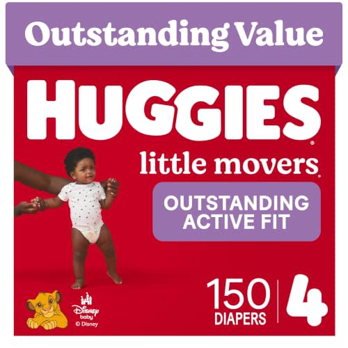 Huggies Little Movers Diapers Size 4, 150 Count (6 Packs of 25) | Double Grip Strips, Blowout Protection, Secure Flexible Fit, Up to 12-Hour Protection, Dry Touch Liner, Wetness Indicator