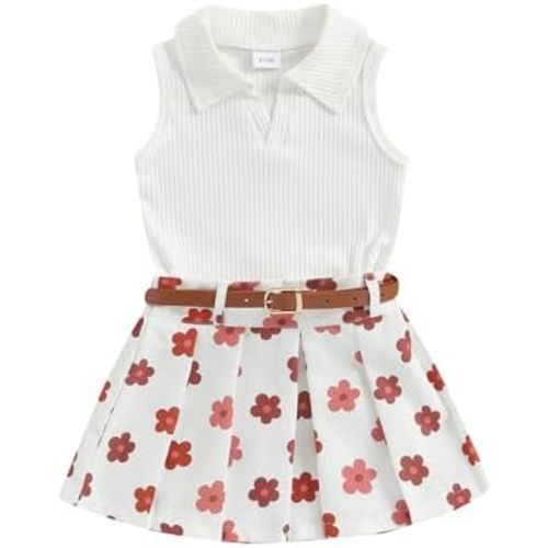 BeQeuewll Kids Girls Back to School Outfit Apple Dress Lapel Tank Vest+Pleated Skirt 2Pcs Pre K First Day of School Outfit