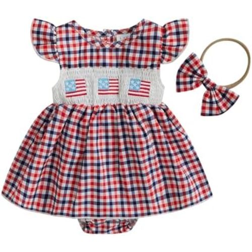 4th of July Outfit Baby Girl Romper Dress My First 4th of July Fly Sleeve Smocked Dress Newborn Cute Summer Clothes