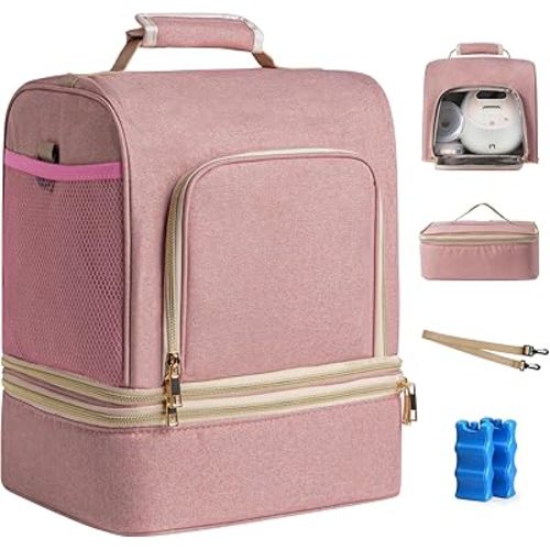 NCVI Breast Pump Bag, Double Layer Removable Pump Bag for Spectra S1, S2, Medela, Breast Pump Backpack with Ice Pack, Insulated Breast Milk Cooler Bag for Working Nursing Moms, Pink