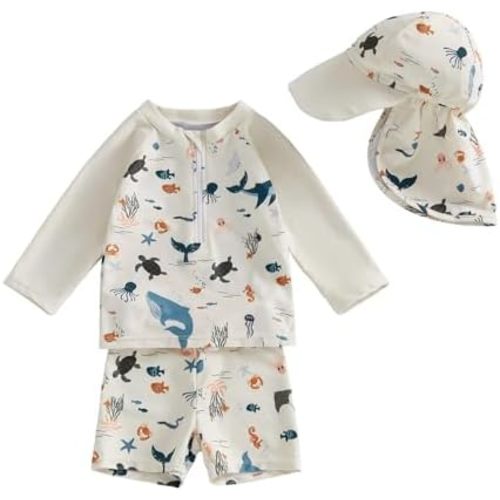 Hnyenmcko Toddler Baby Boys Swim Set Long Sleeve Rashguard Swimsuit Shirt Trunks Infant Bathing Suit Swimwear with Hat