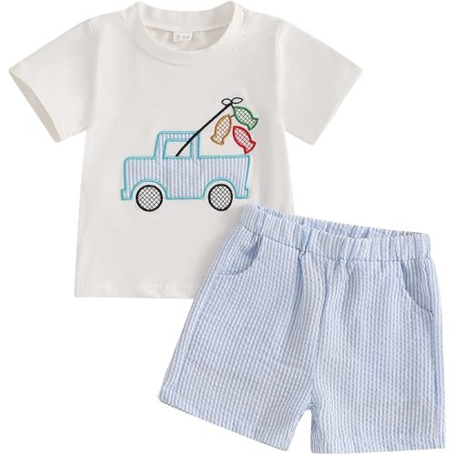 Infant Toddler Baby Boy Summer Short Sleeve Shirts with Striped Shorts Set 2Pcs Boy Fishing Outfit