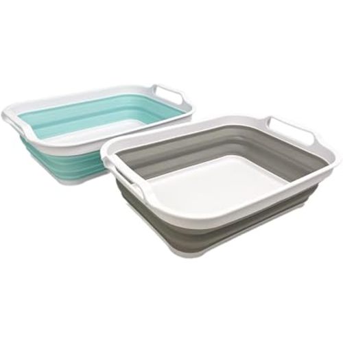 SAMMART 7L (1.85 Gallons) Collapsible Tub - Foldable Dishpan - Portable Washing Basin - Space Saving Plastic Sink Tub, Outdoor Kitchen Storage Tray (2, Grey+Lake Green)