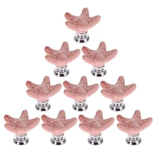 Ceramic Starfish Kitchen Cabinet Knobs Beach Drawer Pulls, 12 Pack, Pink