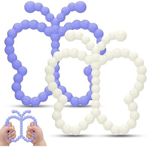 2 Pcs Baby Teething Toys Silicone Butterfly Teething Rings Over 3 Months - Baby Essentials Sensory Chew Toys -Baby Teether for Teething Relief -BPA Free Infant Toys Baby Shower Gifts (2, White,Purple)