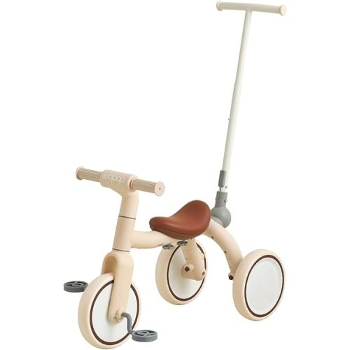 4-in-1 Toddler Tricycle with Adjustable Push Handle for 1-4 Year Old,Birthday Gift and Toy for Boys and Girls Removable Pedals Balance Bike&Scooter (Beige)