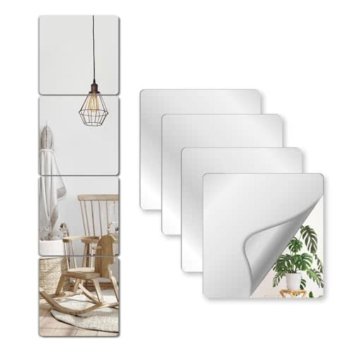 Unbreakable Mirror Tiles Self Adhesive,4PCS 8”x8” Toddler Mirror for Classroom Decor, Peel and Stick On Small Mirrors for Wall Decor, Shatterproof Plastic Mirrors Stickers for Kids Decorative