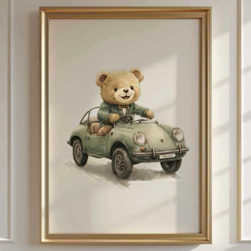 Vintage Teddy Bear Driving Car Nursery Wall Art Print