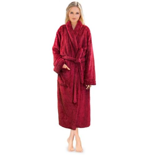 PAVILIA Premium Womens Plush Soft Robe Fluffy Warm, Fleece Faux Shearling Shaggy Bathrobe (Dark Red, Small-Medium)