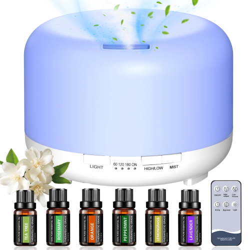 Fimilo 500ml Essential Oil Diffuser with 6*10ml Essential Oils Set, Flower Aromatherapy Diffusers with Remote Control, Oil Air Humidifier Vaporizer for Large Room Bedroom Office