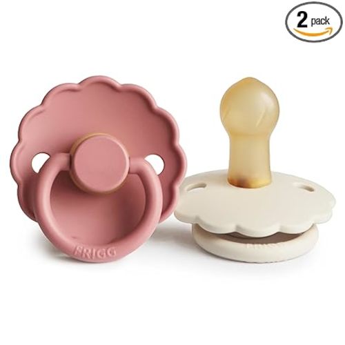 FRIGG Daisy Natural Rubber Baby Pacifier | Made in Denmark | BPA-Free (Powder Blush/Cream, 0-6 Months) 2-Pack