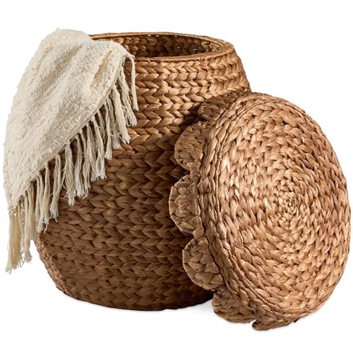 Best Choice Products Scalloped Multipurpose Hyacinth Storage Basket, Plant Décor, Handwoven Organizer Tote for Bedroom, Living Room, Nursey, w/Lid - Chestnut