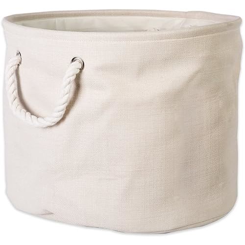 Collapsible Variegated Polyester Storage Bin with Cotton Handles Large Round Cream