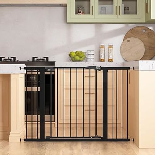 keny 29.7"-46" Baby Gate for Stairs, Auto Close Dog Gates for Doorways, Pressured Mounted No Drilling Pet Gate Extra Wide, One-Hand Opening Dual Lock Stair Gate, Indoor Kids Necessities, Black