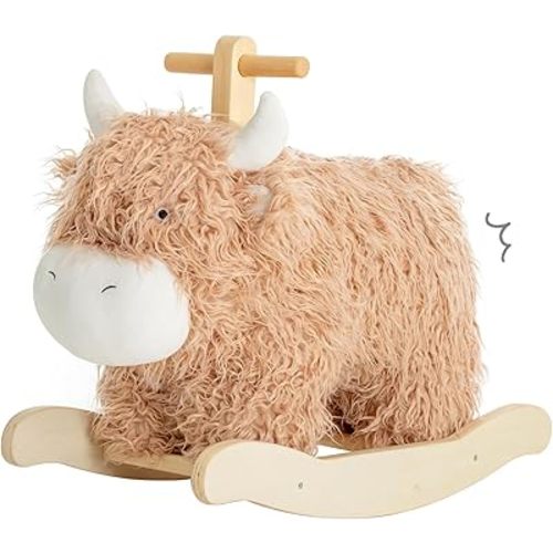 Baby Rocking Horse for 1 Year Old,Wooden Cow/Yak Horse Rocking with Wicker Plush Wooden Ride On Toy for 2 Years Old Girl&Boy Nursery Birthday Gift