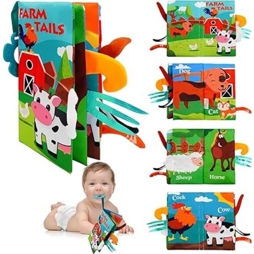 Baby Books Toys 0-12 Months with Teether,Tummy Time Crinkle Sensory Toys,High Contrast Touch & Feel Soft Book, Early Learning Infant Toys,Shower Gift for Boys Girls (Farm Animals)