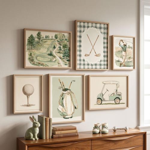 Preppy Golf Gallery Wall Set 6 Wood Framed Green Golfer Course Nursery Print Sage Baby Boy Bedroom Decor Above Dresser Cart Bag Shower Gift