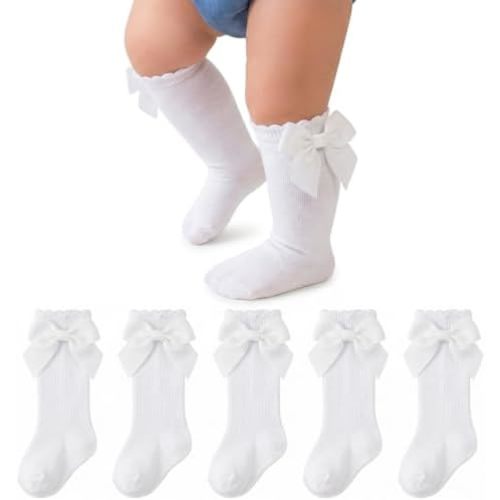Baby Girl Knee High Socks with Bows Soft Cotton Ruffle Long Stockings Smooth Sole Infant Toddler Uniform