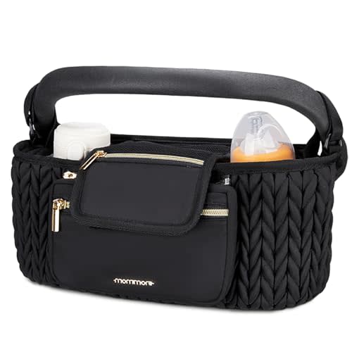 mommore Stroller Organizer with Insulated Cup Holders, Adjustable Stroller Caddy with Detachable Phone Bag, Stroller Accessories Fits for Uppababy, Doona, Jogger, Britax (Black)