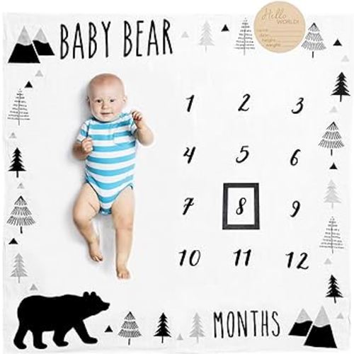 Pondering Pine Organic Baby Monthly Milestone Blanket Boy - Baby Bear Blanket with Month Marker Frame and Newborn Announcement Disc - 1-12 Months Milestones, Woodland, 47”x47”