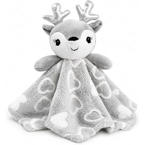 June Garden Cozy Dream Fleece Baby Security Blanket - Infants Nursery Bed Blankets - 15 x 15 inches Lovey - Stuffed Deer Animal Plush - Grey