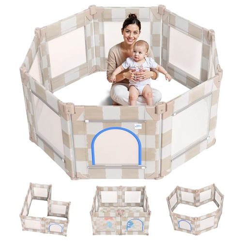 Tiny Marvels Baby Playpen, 50 x 50 in Play Pen for Babies and Toddlers, Foldable Baby Playpen, Play Yard for Infants with Breathable Mesh, Playard with Gate (Sand Checks,Mat not Included)
