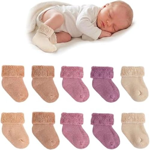 10 Pairs Newborn Preemie Baby Socks Terry Cotton Turn Cuff Socks for Newborn Infant Girls Boys 0-3 Months-Hospital NICU