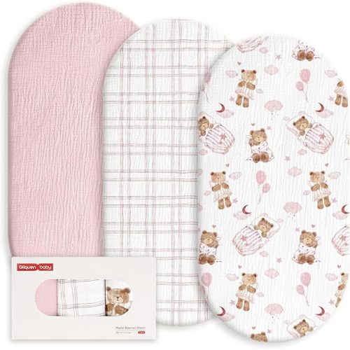 Gllquen Baby Muslin Bassinet Sheets 3 Pack, Breathable Elastic Cozy Fitted Cotton Bassinet Mattress Sheet for Baby Boy Girls, Fit for Hourglass Oval Rectangular Cradle Pad Sheets 33"x17" (Bear Dream)