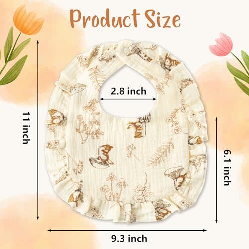 Zainpe 5Pcs Snap Muslin Cotton Baby Drooling Bibs Pink Rose Bear Bib with Flounce Lace Absorbent Layers Soft Bandana Burp Cloths for Infant Girls Boys Toddler Teething Eating Feeding 0 to 24 Months