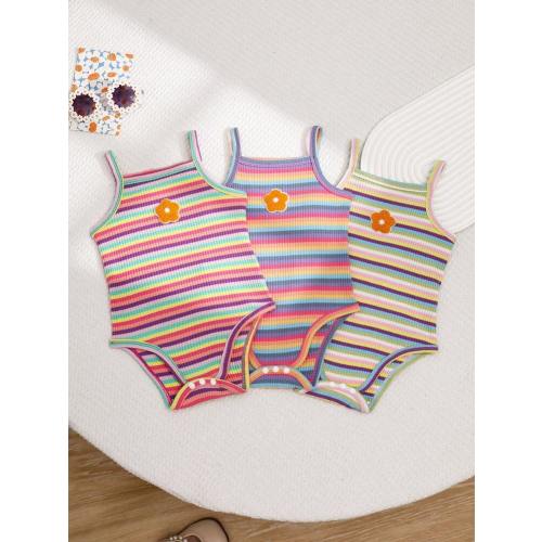 SHEIN Playful Pals 3pcs Baby Girls' Colorful Striped Bodysuit With Strawberry Embroidery, Perfect For Casual Wear Or Outdoor Activities In Spring And Summer | SHEIN USA