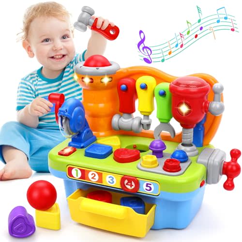Toys for 1 Year Old Boy, Musical Toddler Tool Bench, Montessori Educational Toys with Sound Lights Effect, Shape Sorter, One Year Old Boy Birthday Gift, Engineer Pretend Play Workbench
