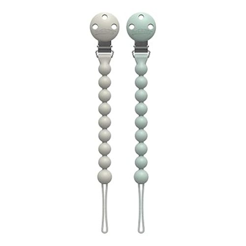 Dr. Brown's Silicone Pacifier Clips, Universal Fit Strap for Pacifiers, Green/Gray, BPA Free, 0-18 Months, 2-Pack