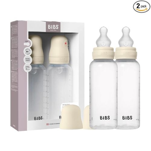 BIBS Baby Bottle 9 oz / 270 ml Silicone Nipple 2 Pack - Anti-Colic, BPA-Free, Round Nipple, Medium Flow, Lightweight & Easy to Clean, Suitable for Newborns 0+ Years - Ivory