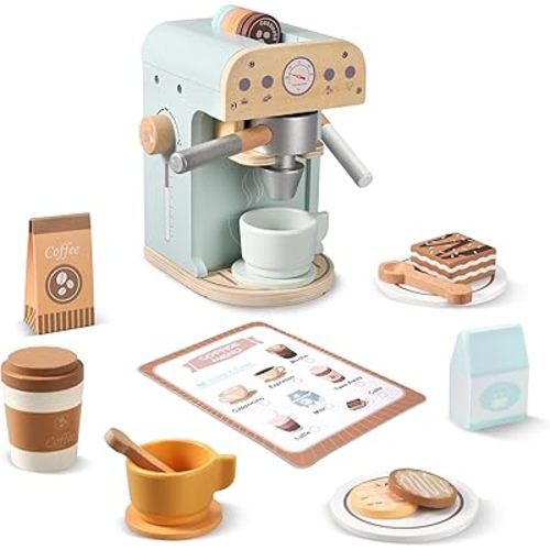 Kids Wooden Coffee Maker Toy, Wooden Play Kitchen Appliances & Accessories Toy for Kids Toddlers, Gift for Girls Boys