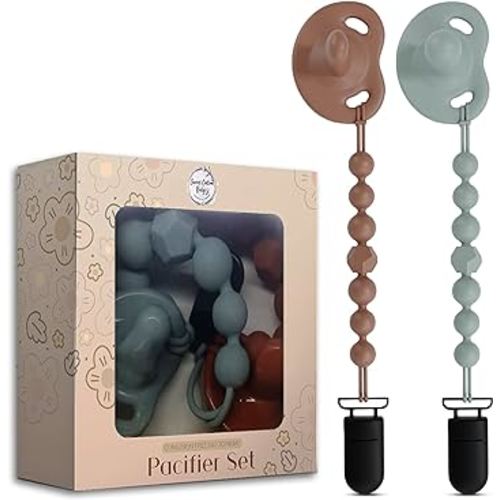 Sweet Cotton Baby Silicone Pacifiers 0-6 Months with Silicone Beaded Teething Pacifier Clips - Neutral