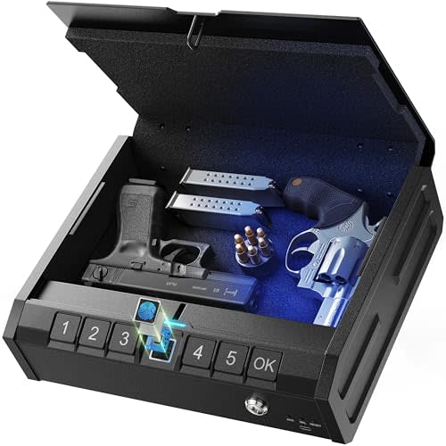 ONNAIS Iron PRO Biometric Fingerprint Gun Safe for Handgun with Keypad Lock | Emergency Power Supply and Interior Light Swift Entry Pistol Case for Home, Nightstand, Bedside, and Car, Gift