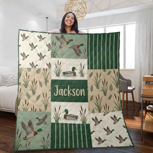 Personalized Mallard Duck Quilt Blanket, Custom Name Patchwork Duck Pattern Throw, Wildlife Waterfowl Bedding