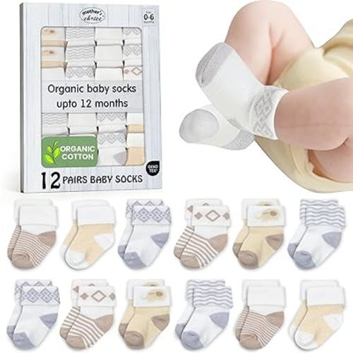 Mother's Choice Organic Cotton Baby Socks Infant 0-6 Months - 12 pairs Soft, Cozy, and Gentle Newborn Socks for Girls & Boys, Perfect Baby Registry for Everyday Wear, and Infant Comfort