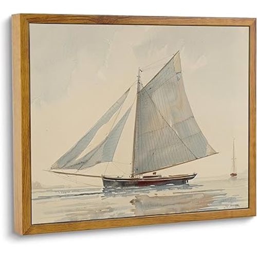 ARTZIO Ocean Framed Wall Art,Coastal Sailboat Canvas Oil Painting,Blue Ship Portrait Aesthetic,Beach House & Bathroom Decor,Ready to Hang,8x10 Inch Bedroom & Living Room Decoration