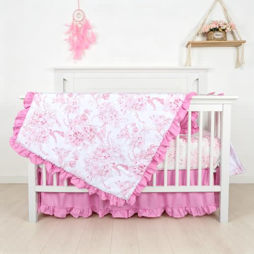 DILIMI Crib Bedding Set for Girls, Ruffled Floral Crib Comforter Set, 4 Pieces Soft Nursey Bedding Set Including Quilt, Crib Sheet, Ruffle Crib Skirt, Diaper Stacker, Pink Flower