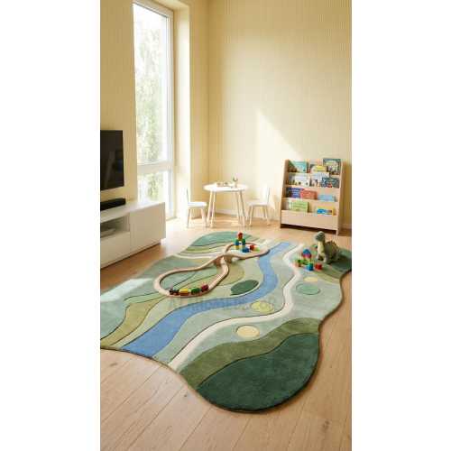 Irregular Kids Play Rug – Handmade Hand Tufted Wool Area Rug, Abstract River Design Carpet, Modern Green Blue Nursery Rug, Custom Size
