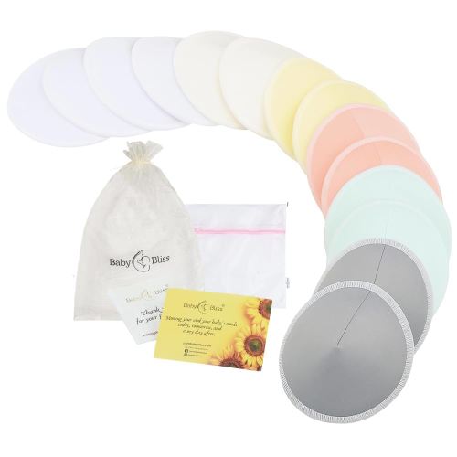 Organic Nursing Pads - 14 Washable Viscose Derived from Bamboo Breastfeeding Pads, Reusable Breast Pads for Breastfeeding, Nipple Pads with Wash Bag (3-Layers, Pastel Touch, 4.7")